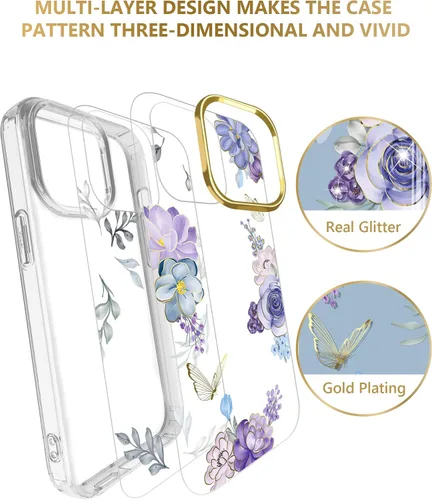 Vista 4 de Funda transparente compatible con iPhone 12 Pro iPhone 12 con purpurina y diseño de flores protectoras, a prueba de golpes, delgada, de poliuretano