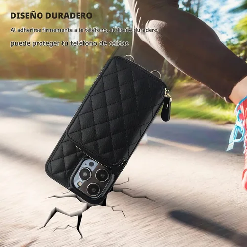Vista 8 de Bocasal Funda tipo cartera cruzada para iPhone 14 Pro Max, con bloqueo RFID, de piel sintética, con cremallera, funda tipo cartera con función atril