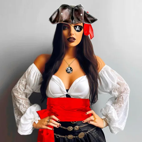 Vista 3 de JeVenis Disfraz de pirata para mujer, disfraz de pirata para adultos, disfraz de fiesta de pirata, festival de música, disfraz de Halloween, vestido