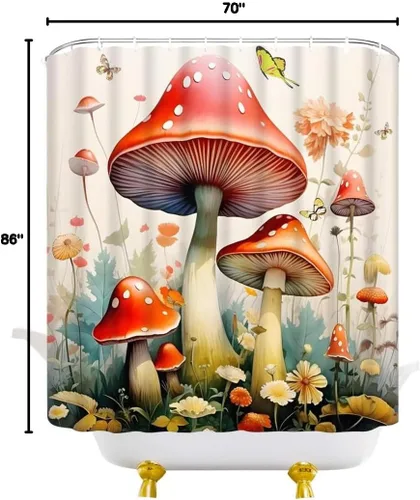 Vista 7 de Cortina de ducha con diseño de hongos, flores retro, mariposa, botánica, estética, fantasía, cortinas decorativas para baño con ganchos