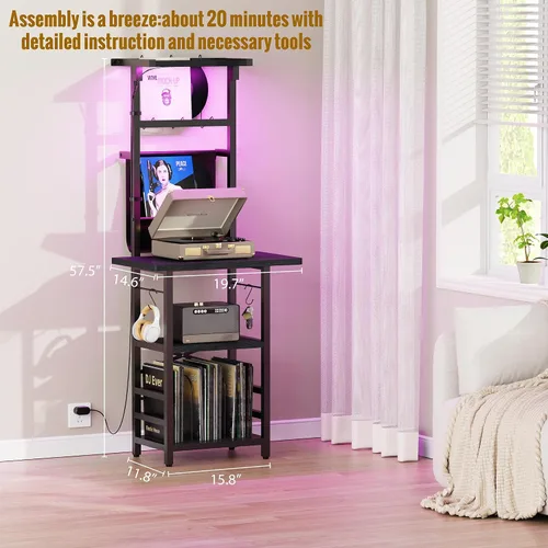 Vista 2 de YAKANJ Soporte para tocadiscos con luz LED, mesa para tocadiscos con almacenamiento de vinilos, soporte para tocadiscos con estante de exhibición