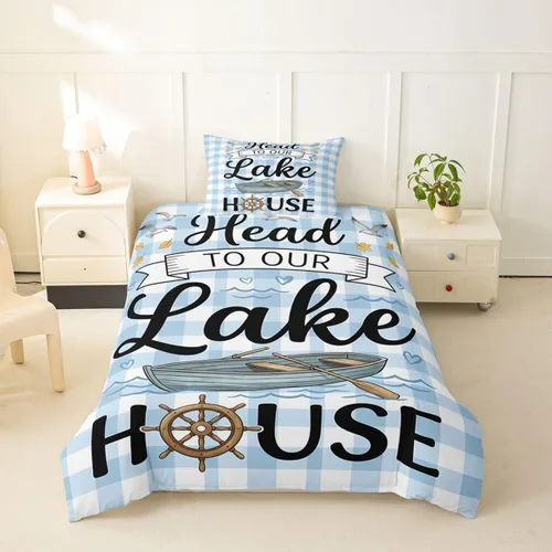 Vista 25 de Erosebridal Lake House Twin Bed Set for Boys Girls Kids, Blue and Beige Lakehouse 2Pcs Duvet Cover with Zipper, Rustic Farmhouse Bedding Sets