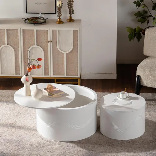 Vista 18 de Juego de 2 mesas de centro redondas negras de 55.12 pulgadas, mesa lateral moderna para sala de estar, diseño contemporáneo de círculo de madera
