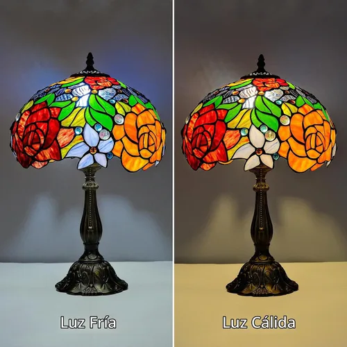 Vista 5 de Tiffany Style Stained Glass Table Lamp, Floral Pattern Desk Light with Antique Bronze Resin Base, Red Roses Decorative Lighting for Bedroom, Living