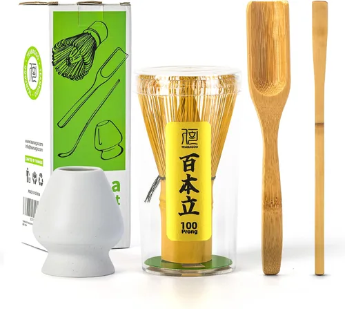 Vista 15 de TEANAGOO Set de Batidor de Matcha, Batidor de Bambú Matcha (100 puntas) con Soporte Negro, Set de Inicio Tradicional de 6 Piezas, Cuchara