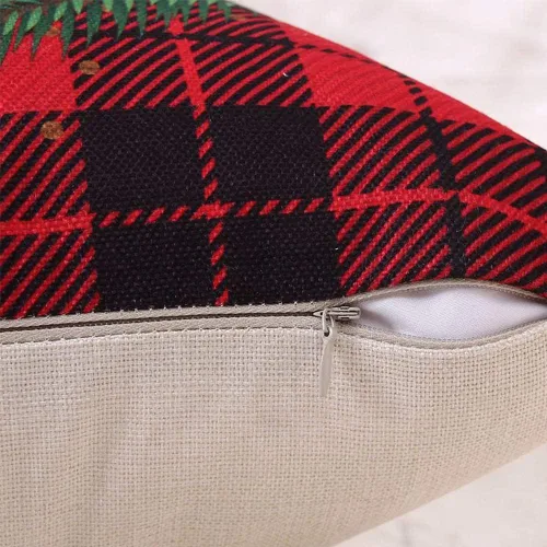 Vista 5 de Juego de 4 fundas de almohada navideñas a cuadros de búfalo de 18 x 18 pulgadas, decoración de almohada de lino y algodón rojo beige para decoración