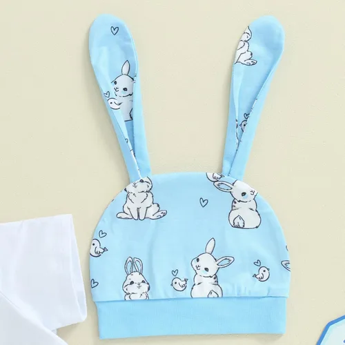 Vista 2 de Lamuusaa Traje de Pascua para recién nacido, niño y niña, mameluco de manga corta, estampado de conejo, pantalones largos, sombrero, 3 piezas