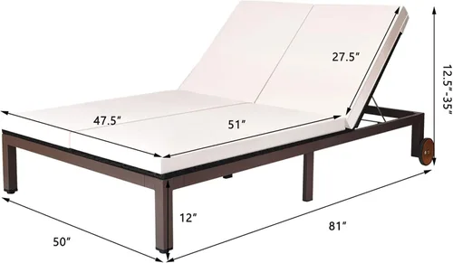 Vista 8 de DORTALA Silla reclinable de ratán para 2 personas con ruedas y cojín, sillón de mimbre doble con respaldo ajustable, juego de conversación de Blanco