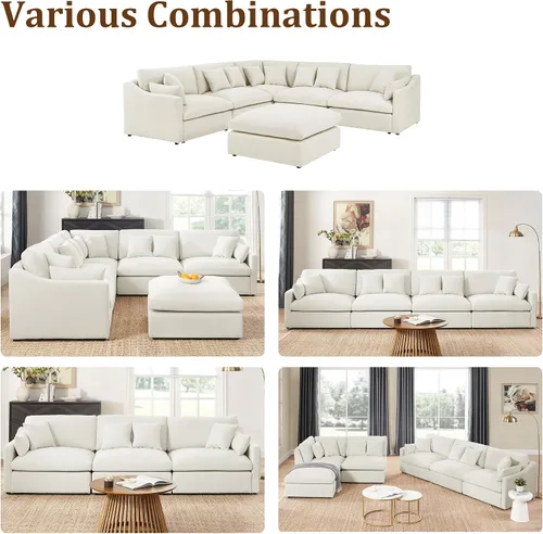 Vista 6 de Juego de sofá modular en forma de L con otomana, sofá de asiento profundo de combinación libre con relleno de plumas de plumón, 10 almohadas, sofá