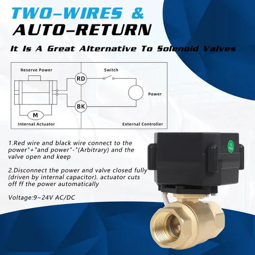 Vista 4 de Válvula de Bola Motorizada de Latón de 1/2" - Válvula de Agua Eléctrica de 2 Cables con Retorno Automático, Válvula de Bola Automática de 9-24V