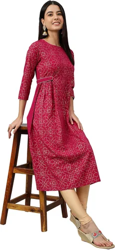 Vista 3 de Janasya Día de la Mujer Vino Poli Crepe Foil Print Flare Kurta
