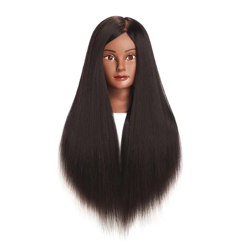 Vista 4 de Cabeza de maniquí 26-28" Cabeza de maniqui de fibra sintética Yaki para peluquería, modelo de entrenamiento de cosmetología, cabeza de muñeca
