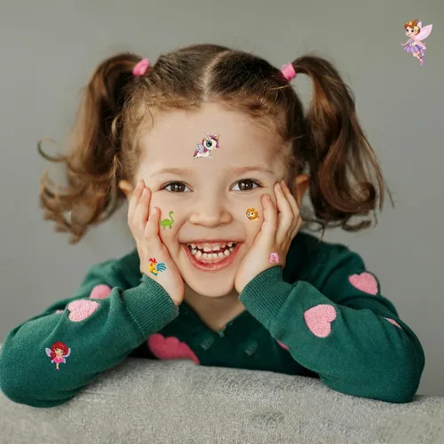 Vista 2 de Tatuajes para niños de más de 350 años, 16 tipos mixtos de tatuajes temporales para niñas y niños, dinosaurios espaciales, animales, mariposa