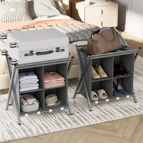Vista 10 de aboxoo Portaequipajes con almacenamiento, soportes plegables para maleta para habitación de invitados, soporta hasta 120 libras, soportes