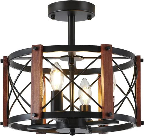 Vista 8 de Lámpara de techo semiempotrada rústica de 4 luces, 12.57 pulgadas, moderna, para entrada, pasillo, lámpara de cocina con tambor de madera de roble