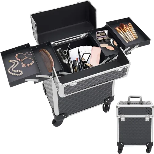 Vista 12 de Estuche de maquillaje con ruedas para cosméticos, carrito grande para cosméticos con cerraduras, organizador de almacenamiento de cosméticos, Negro