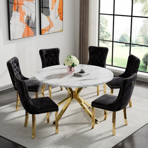 Vista 13 de Juego de 5 mesas de comedor, juego de mesa de cocina y comedor para 4, mesa de cocina rectangular de mármol sintético blanco de 47 pulgadas con base