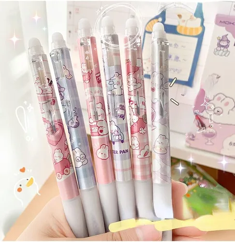 Vista 2 de 6 bolígrafos kawaii borrables con borradores, bonitos bolígrafos de gel con estampado de dibujos animados kawaii de 0.020 in, bolígrafos de tinta