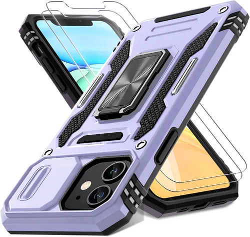 Vista 12 de DEERLAMN Funda para iPhone 12/12 Pro con cubierta deslizante para cámara + protector de pantalla (2 unidades), soporte de anillo giratorio de grado