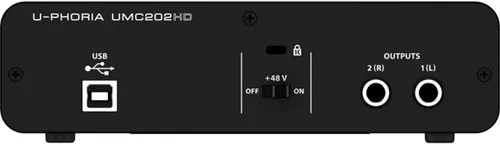 Vista 2 de Behringer UMC202HD Audiophile 2x2, Interfaz de audio USB de 24 bits/192 kHz con preamplificadores de micrófono Midas Para grabar micrófonos e