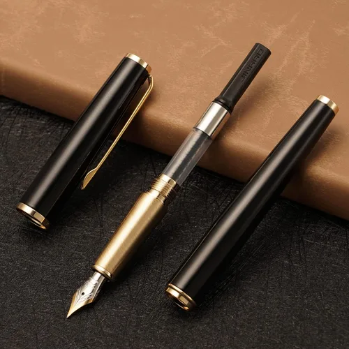 Vista 6 de Jinhao - Pluma estilográfica de metal 95, punta media, color negro vívido con bolígrafo dorado para escribir