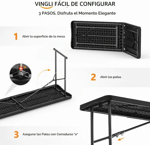 Vista 2 de VINGLI Mesa plegable estrecha de 6 pies, mesa doblada por la mitad, material HDPE de alta calidad y marco de metal resistente, perfecta para bufé