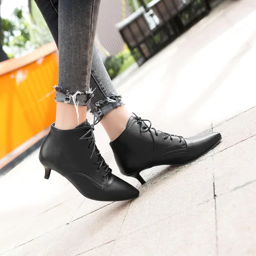Vista 4 de SEIFIN Botines con cordones para mujer, tacón bajo y medio, con cremallera lateral, botines cortos con puntera puntiaguda