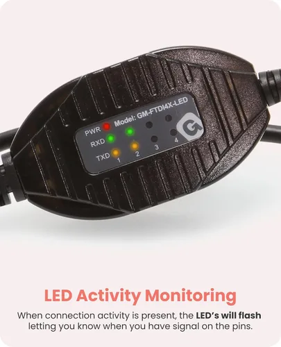Vista 2 de Gearmo Adaptador RS-232 de 4 puertos a USB con indicadores LED, 5 pies de longitud, chipset FTDI, protección ESD, compatible con Windows/macOS/Linux