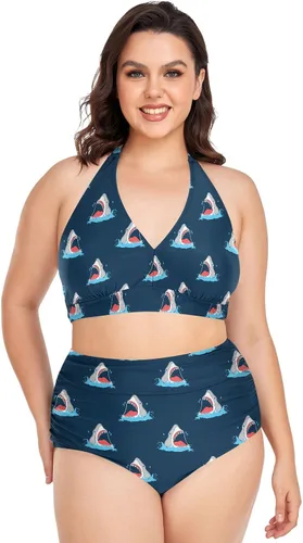Vista 12 de Bikini de 2 piezas para mujer, talla grande, cintura alta, cuello halter, fruncido, control de abdomen Murciélagos Cruces Estrellas