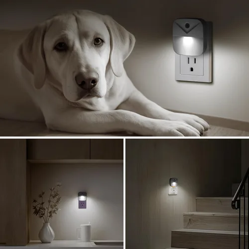 Vista 7 de KINUR Paquete de 6 luces LED nocturnas enchufables a la pared, luz diurna de color blanco, sensor de atardecer a amanecer, encendido y apagado