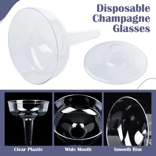 Vista 3 de Juego de 18 vasos de plástico Coupé, copas de champán desechables, copas de cóctel de 4.1 fl oz / 4 onzas, torre de champán transparente a granel