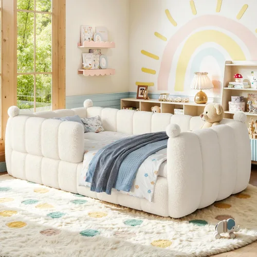 Vista 4 de Cama de suelo tapizada con valla, cama de piso tamaño individual con Beige