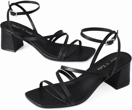 Vista 5 de Shoe'N Tale Tacones de tiras para mujer, tacón bajo y grueso, zapatos de vestir con puntera abierta y correa al tobillo sandalias de tacón