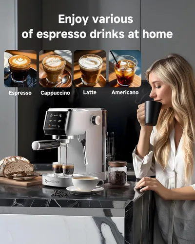 Vista 7 de AMZCHEF Máquina de café expreso de 20 bares: cafetera profesional con espumador de leche, temperatura y presión ajustables, cafetera compacta