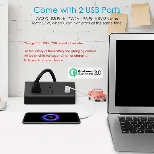 Vista 4 de CCCEI Regleta de alimentación de escritorio con puerto de carga rápida USB C de 20W, Protector contra sobretensiones blanco de 800J con abrazadera