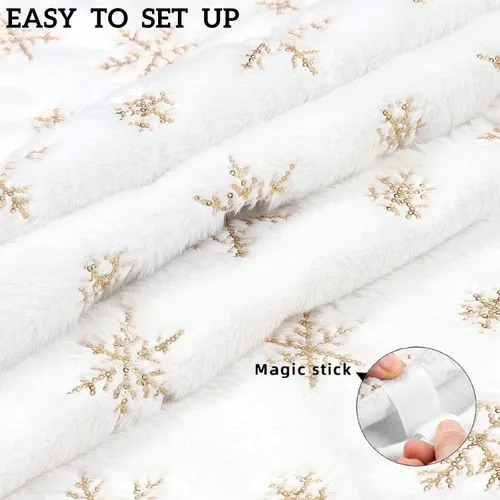 Vista 4 de MandyQ - Falda de árbol de Navidad de felpa blanca con copos de nieve de lentejuelas para decoración de árbol de Navidad 198/Oro/122cm