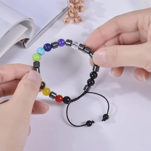 Vista 8 de Brazalete GelConnie de piedras de lava, 7 chakras, 0.32 pulgadas, piedra natural, para curación, alivio del estrés, yoga, ansiedad, aromaterapia