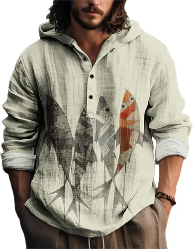 Vista 7 de MARSVOVO Camisa con capucha para hombre, vintage, retro, de 3 botones, manga larga, ligera, ligera, a la moda, casual, para uso diario, primavera