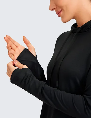 Vista 5 de CRZ YOGA Camiseta de manga larga para mujer, sudadera con capucha atlética, sudadera deportiva con agujero para el pulgar