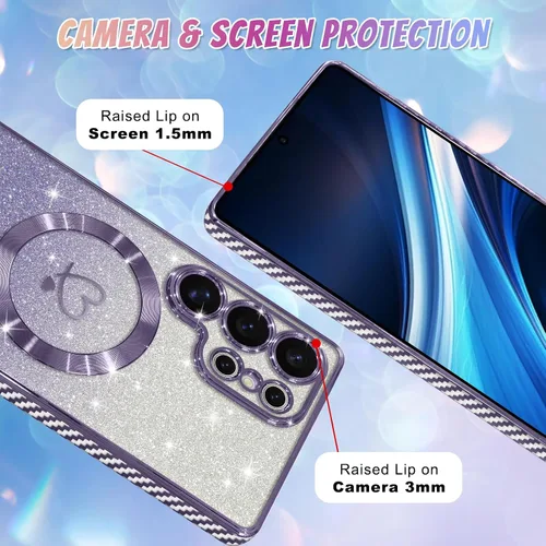 Vista 517 de Bonoma - Funda compatible con Samsung Galaxy S21 Plus, diseño de corazón con purpurina, color rosa Support for MagSafe, Plating Magnetic Case TPU