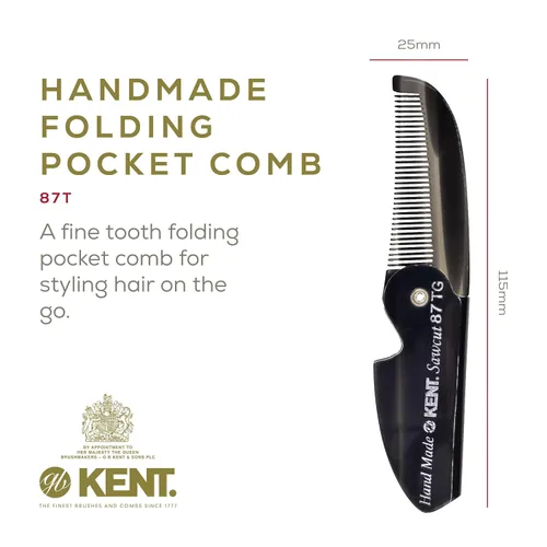 Vista 2 de Kent 87T - Peine de bolsillo plegable hecho a mano de grafito para hombres, peine alisador de pelo de dientes finos para el cuidado diario