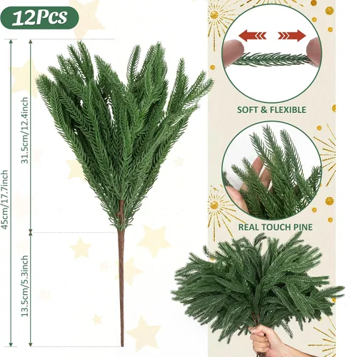 Vista 3 de 12 tallos de pino Norfolk, ramas de pino artificiales para Navidad