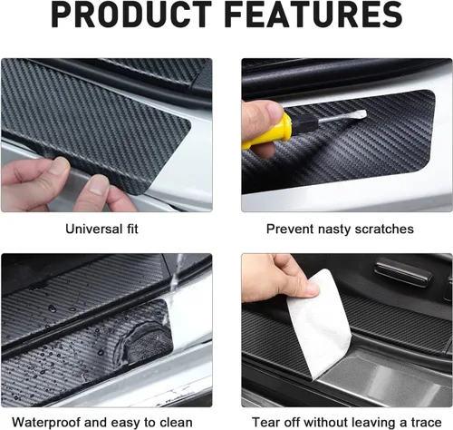 Vista 3 de 4 calcomanías protectoras de fibra de carbono para umbral de puertas de automóvil – Protector de entrada de puerta delantera/trasera compatible