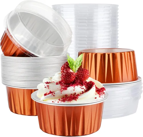 Vista 10 de EUSOAR Tazas de aluminio para hornear, paquete de 30 tazas de 5 onzas para cupcakes con tapas, moldes de pastel de 4.2 fl oz, flanes de postres