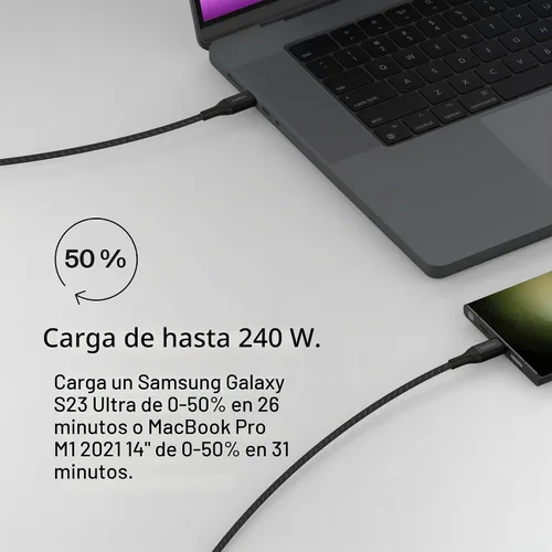 Vista 3 de Belkin BoostCharge - Cable USB C a USB C, cable de alimentación de carga rápida con cable de nailon trenzado, cabezal de aluminio anodizado, entrega