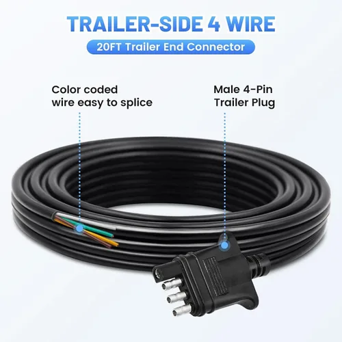 Vista 2 de MECMO - Conector de extremo de remolque de 4 vías, cable con chaqueta de 20 pies, arnés de cableado de enganche plano de 18AWG codificado por