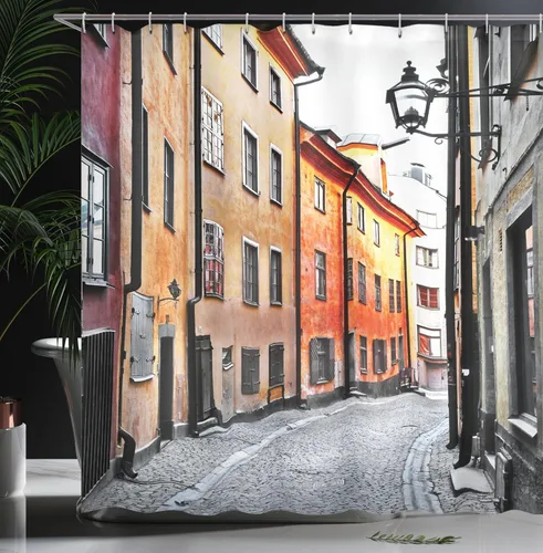 Vista 3 de set de cortina para baño decorativa de tela de poliéster con ganchos