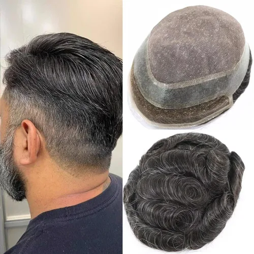 Vista 16 de HAPPY&CC Pieza del sistema de cabello humano Toupee para hombre Mono Lace #1 Negro Azabache