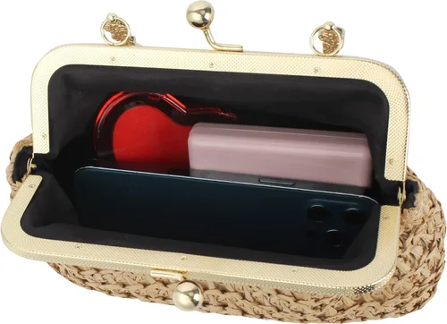 Vista 4 de Mini bolso de embrague tejido de paja para mujer, bolso cruzado con correa de cadena