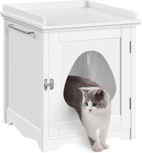 Vista 11 de Yaheetech - Caja de arena oculta para gatos, mesa auxiliar blanca Blanco